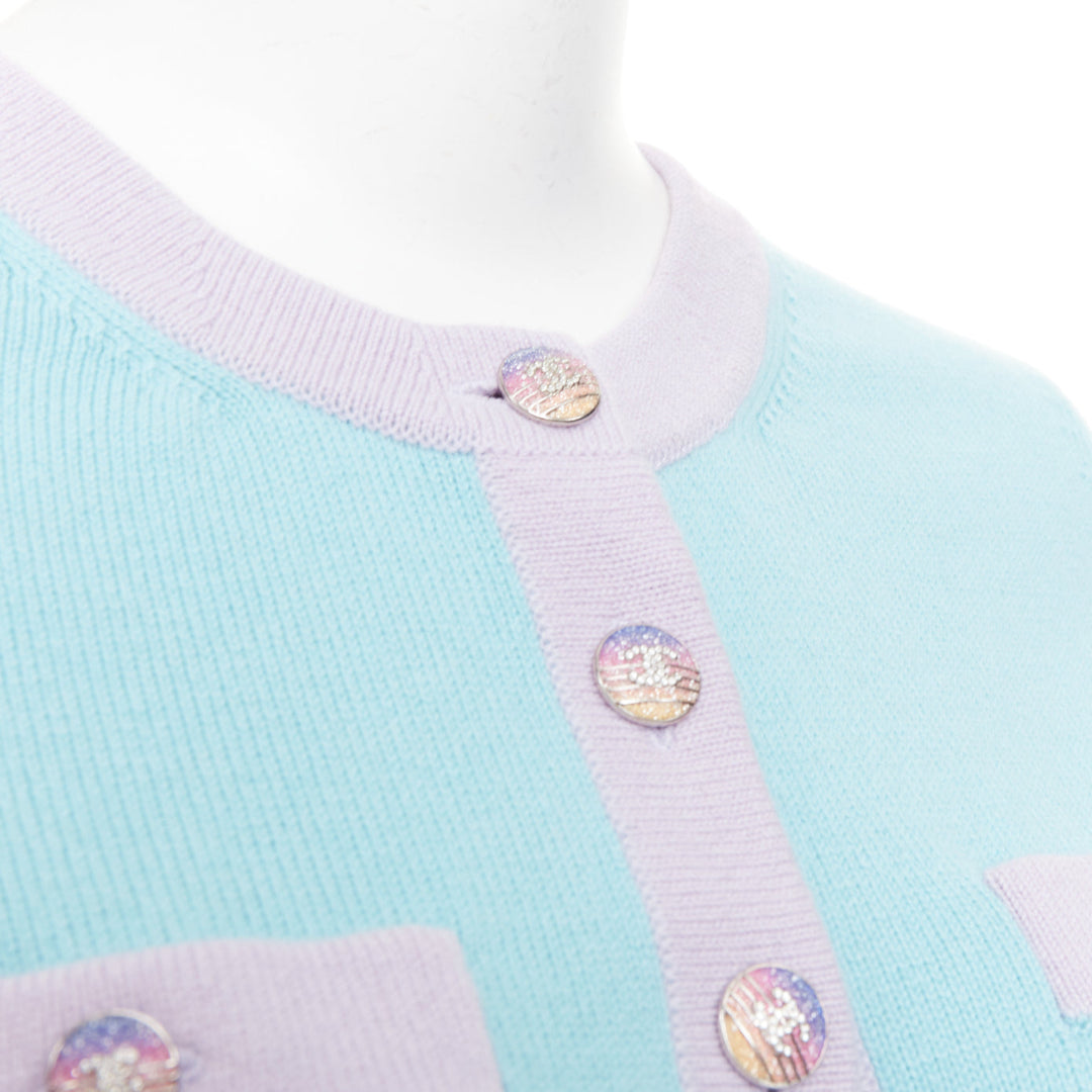 CHANEL 24C 100% cashmere pastel blue contrast trim glitter CC cropped cardigan F