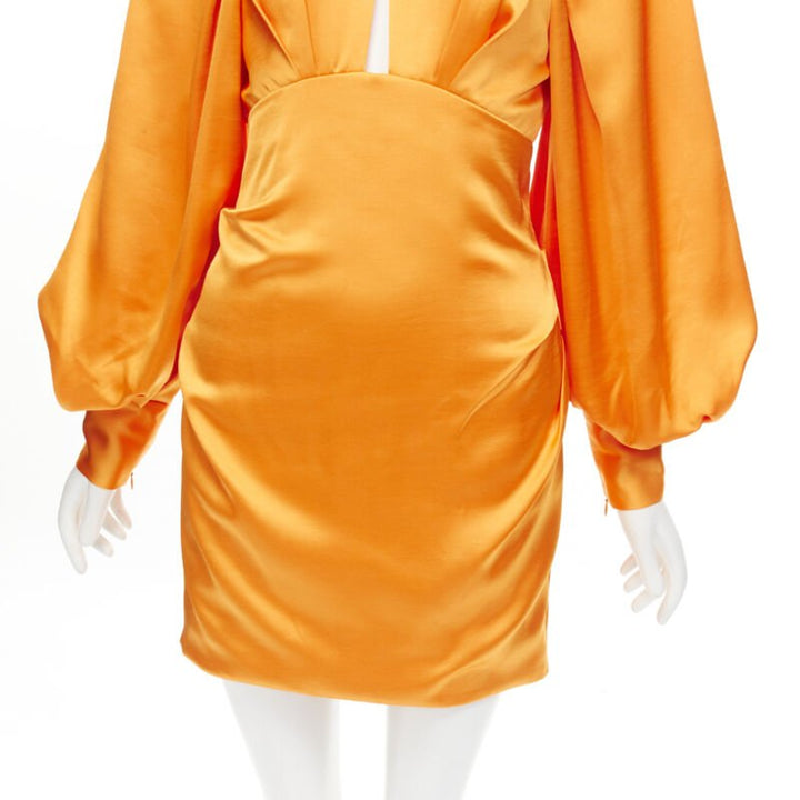 ACLER bright orange silky keyhole draped raglan puff sleeves mini dress US2 XS