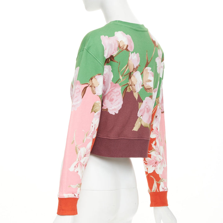 VALENTINO 2021 Flying Flowers logo colorblock cotton crop sweatshirt XS
