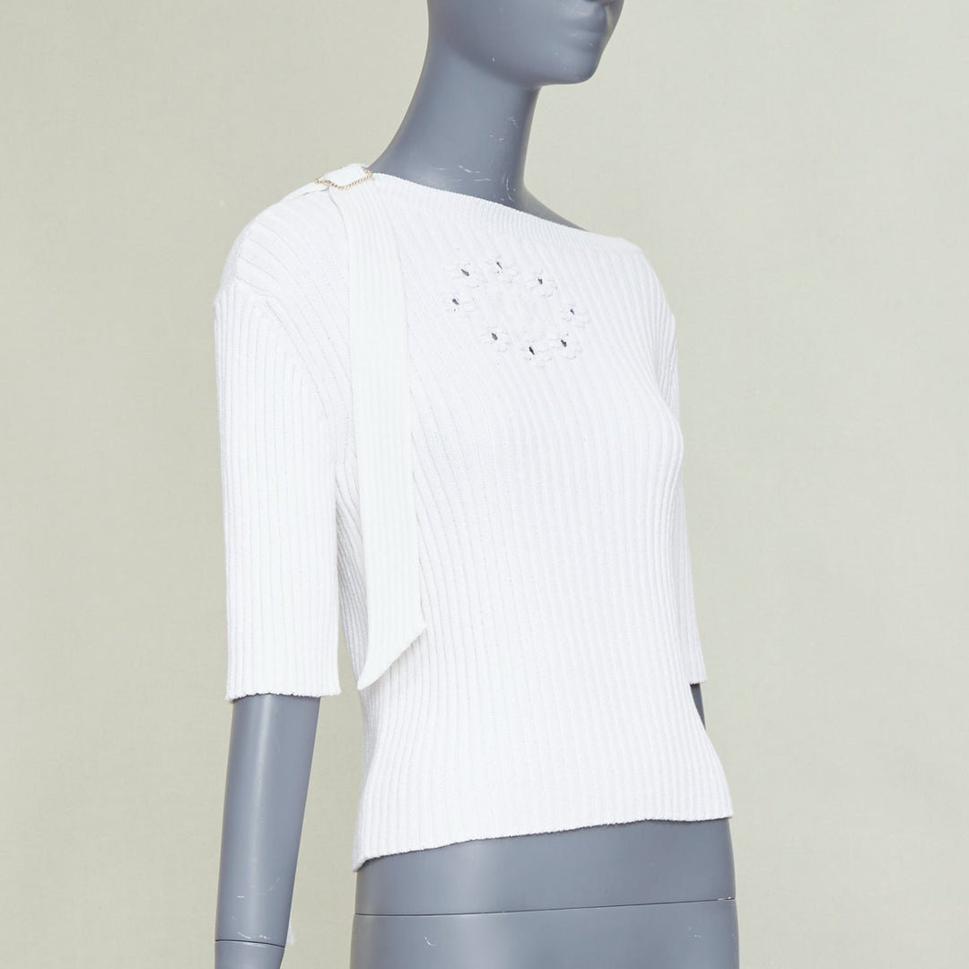 CHANEL white ribbed cotton knit CC logo buckle sash sweater FR36 S