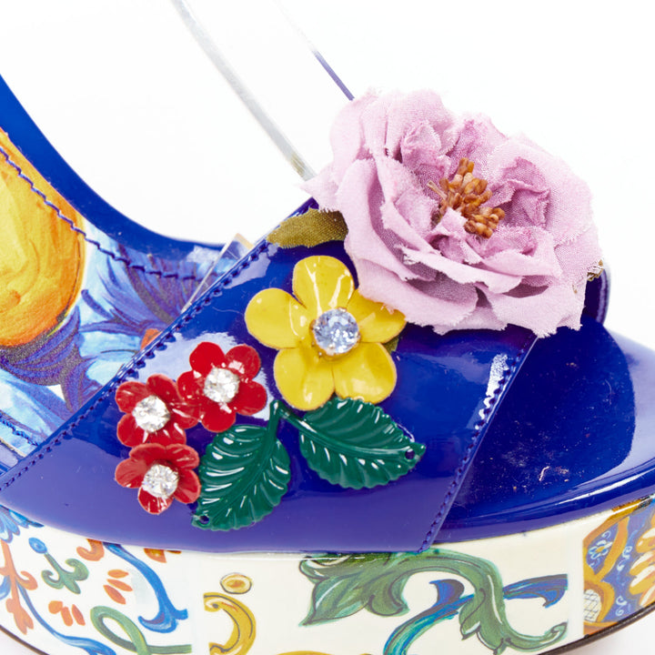 DOLCE GABBANA Bianca blue Majolica print floral embellish platform wedges EU38.5