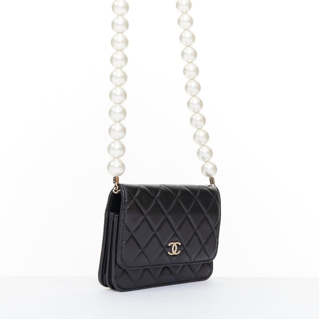 CHANEL 2020 Maxi Pearls black quilted lambskin gold hardware wallet on chain bag