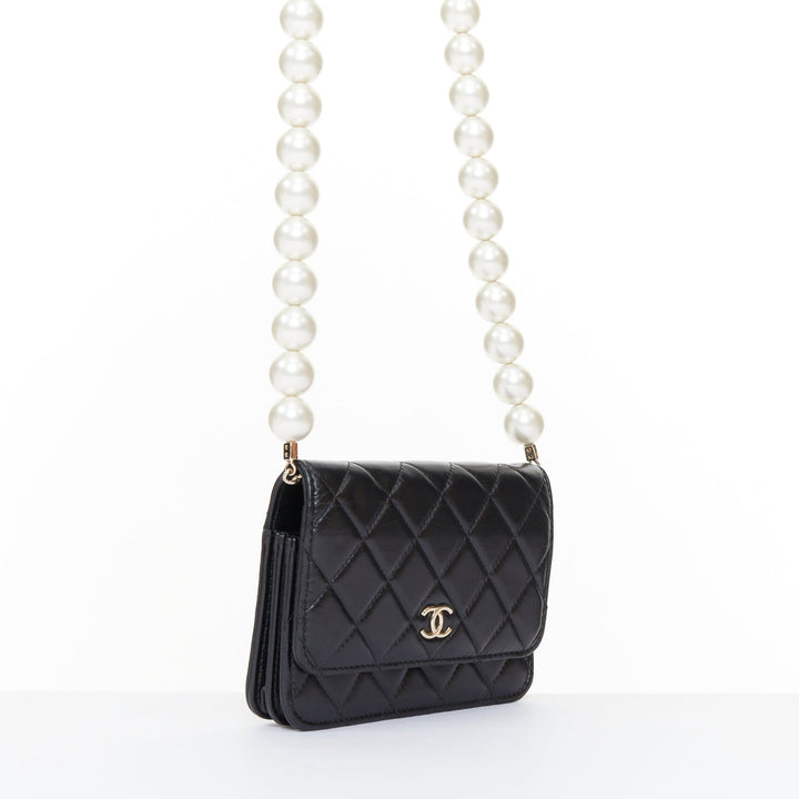 CHANEL 2020 Maxi Pearls black quilted lambskin gold hardware wallet on chain bag