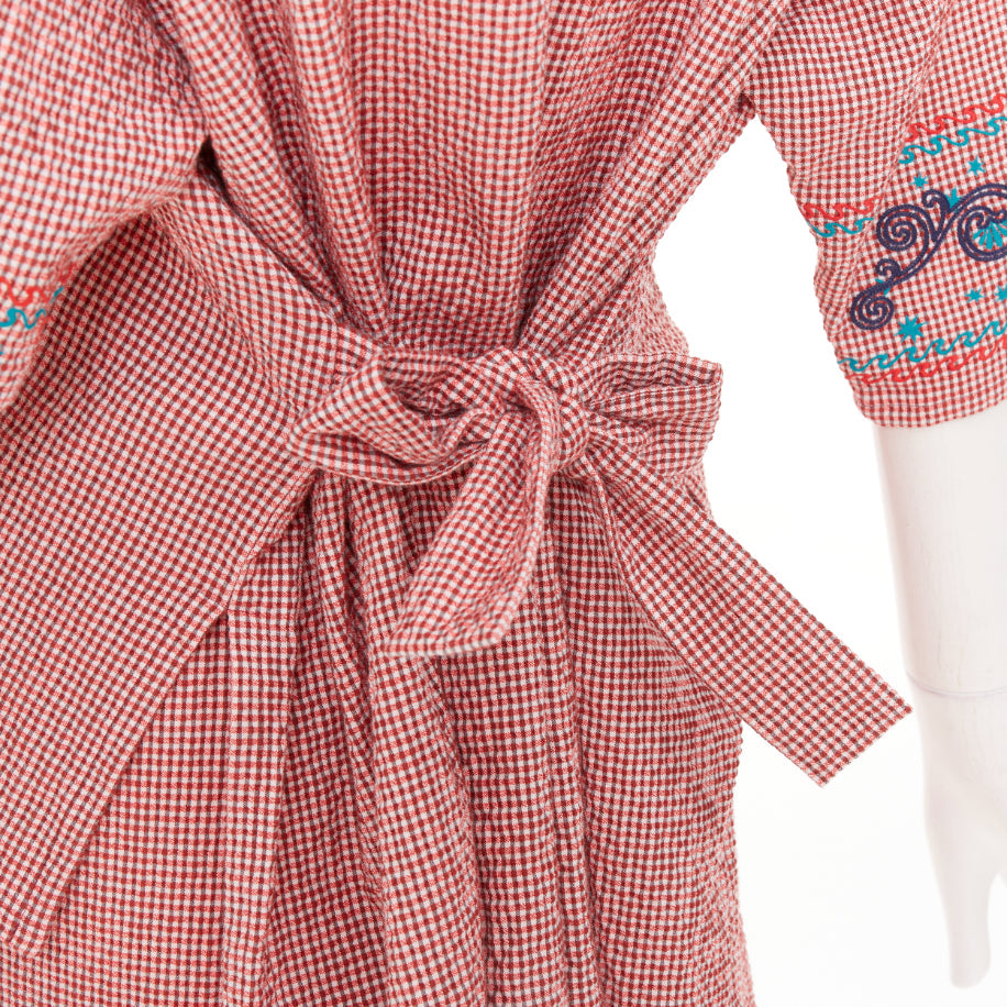 HERMES Sur La Pouce red gingham embroidered pajama shirt shorts set FR34 XS