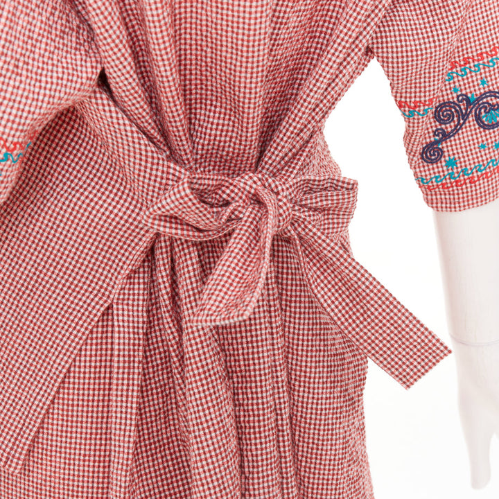 HERMES Sur La Pouce red gingham embroidered pajama shirt shorts set FR34 XS