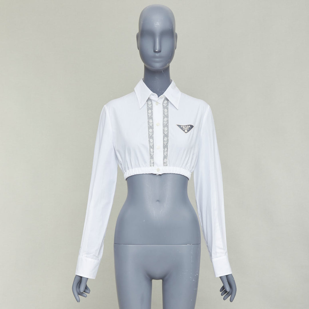 PRADA 2022 white cotton cream lace trim hollow logo cropped shirt IT38 XS