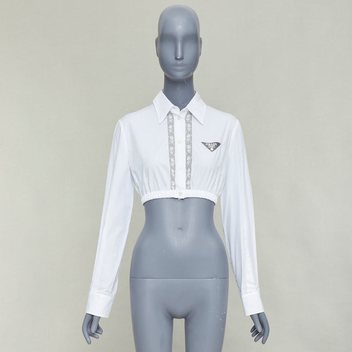 PRADA 2022 white cotton cream lace trim hollow logo cropped shirt IT38 XS