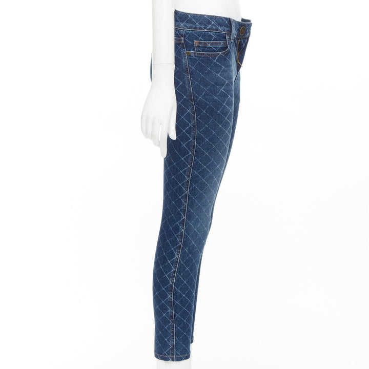 CHANEL 2017 dark blue washed denim diamond grid CC button skinny jeans FR34 XS