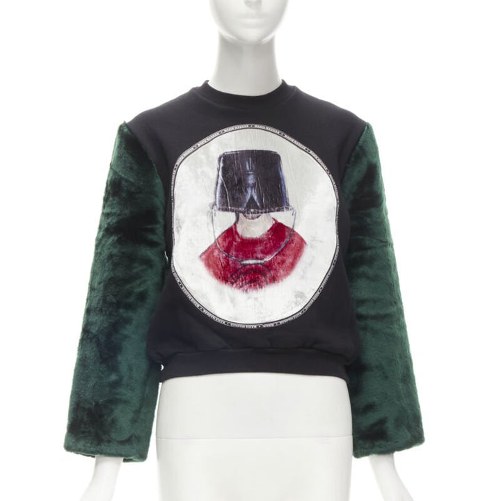 NASIR MAZHAR black velvet print green faux fur sleeve pullover sweatshirt S