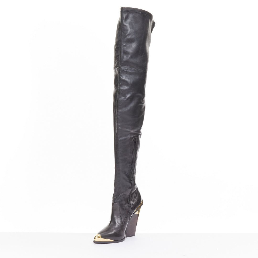 VERSACE 2014 Runway gold metal cap toe black leather thigh high boots EU37 US7