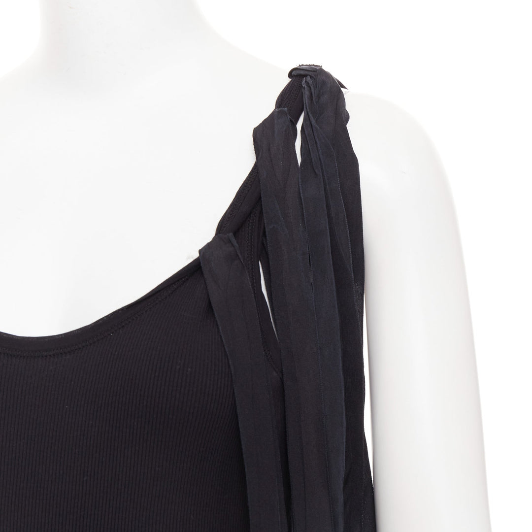 DRIES VAN NOTEN 2020 black ribbed cotton long ribbon shoulder tank top M