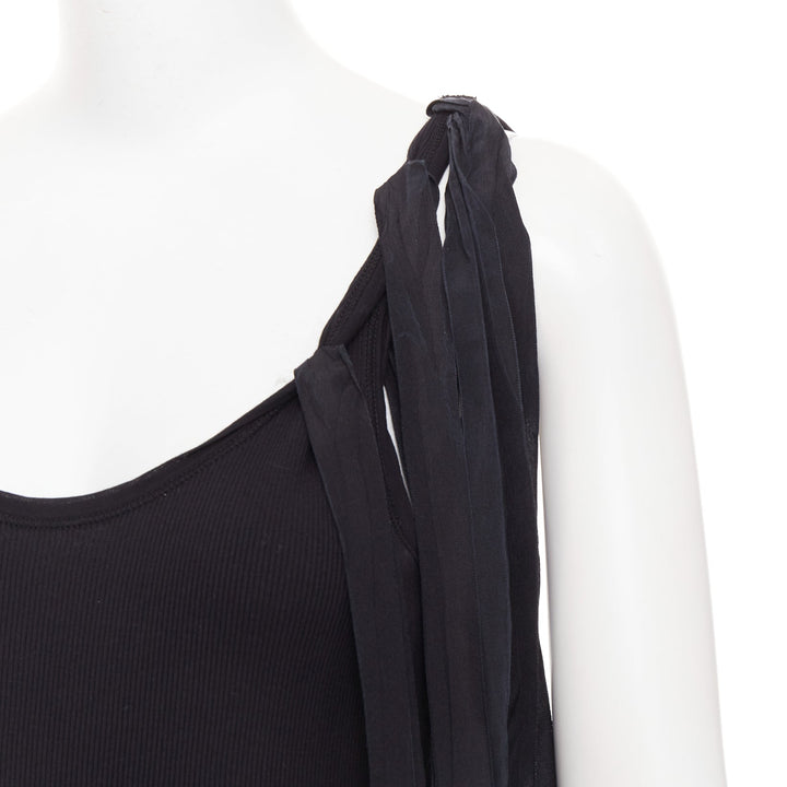 DRIES VAN NOTEN 2020 black ribbed cotton long ribbon shoulder tank top M