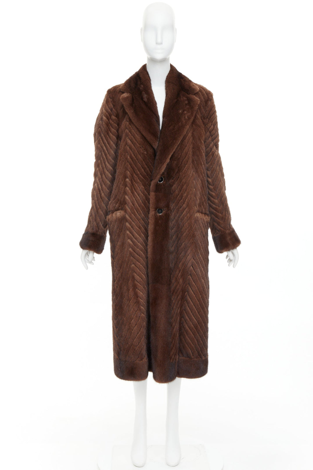 DOLCE GABBANA Alta Sartoria brown chevron cut mink fur silk lined coat IT34 XXS