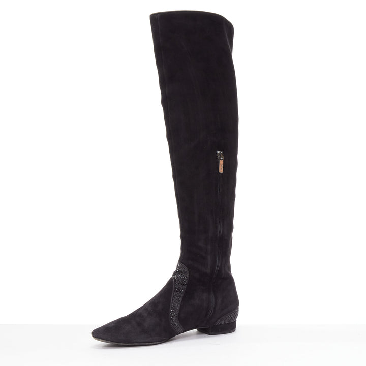 RENE CAOVILLA black suede crystal strass back slit knee flat boot EU35.5
