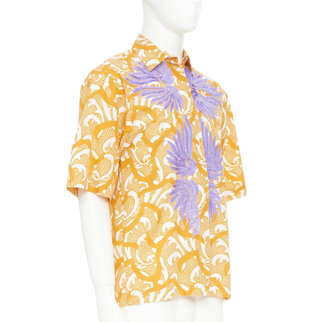 DRIES VAN NOTEN yellow lilac sequin embroidered short sleeve bowling shirt S