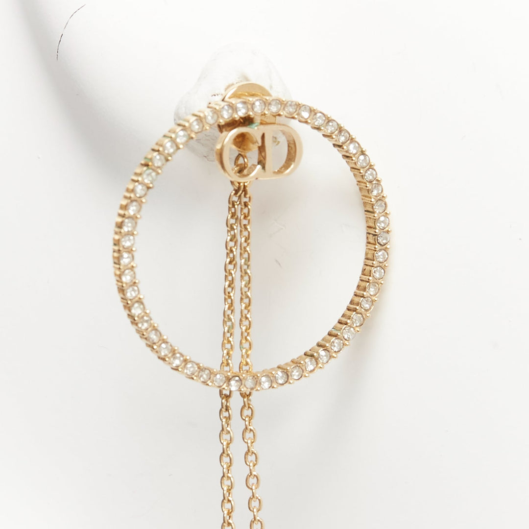 DIOR gold CD logo crystal pave hoop pearl pin drop stud earrings pair