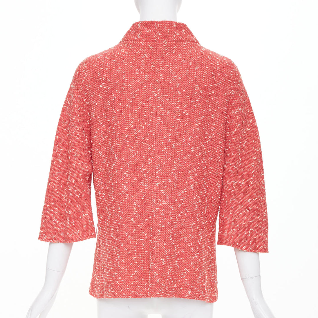 ST JOHN COUTURE light red textured boucle tweed gold button jacket US14 3XL