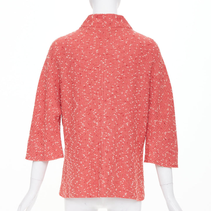ST JOHN COUTURE light red textured boucle tweed gold button jacket US14 3XL