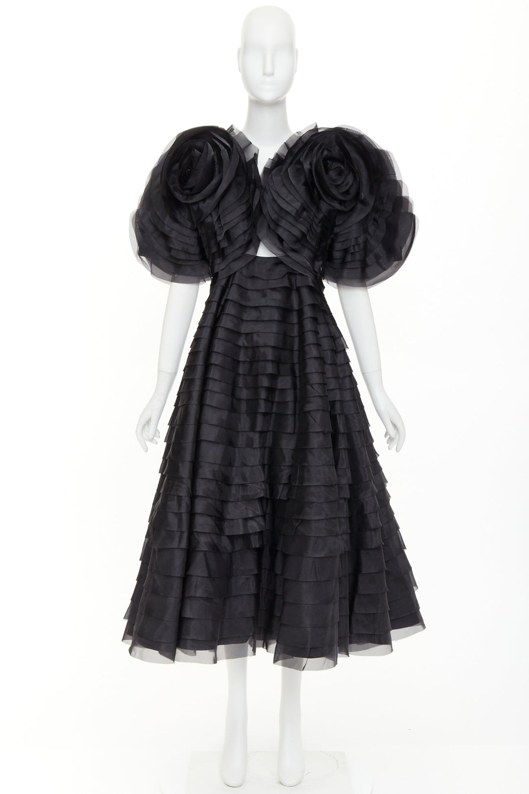 AJE Amour Ruffle Dress dramatic round sleeves rosette tiered midi gown UK8 S