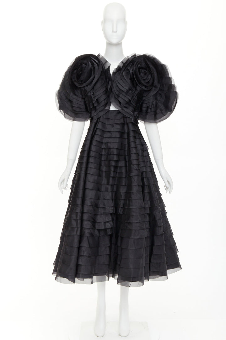 AJE Amour Ruffle Dress dramatic round sleeves rosette tiered midi gown UK8 S