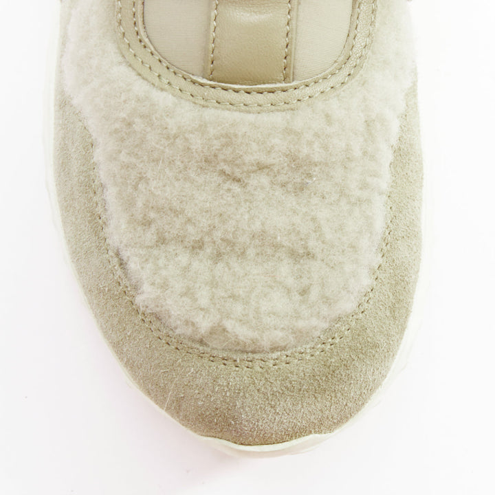 MONCLER stone suede shearling panels logo magic tape sneakers EU38