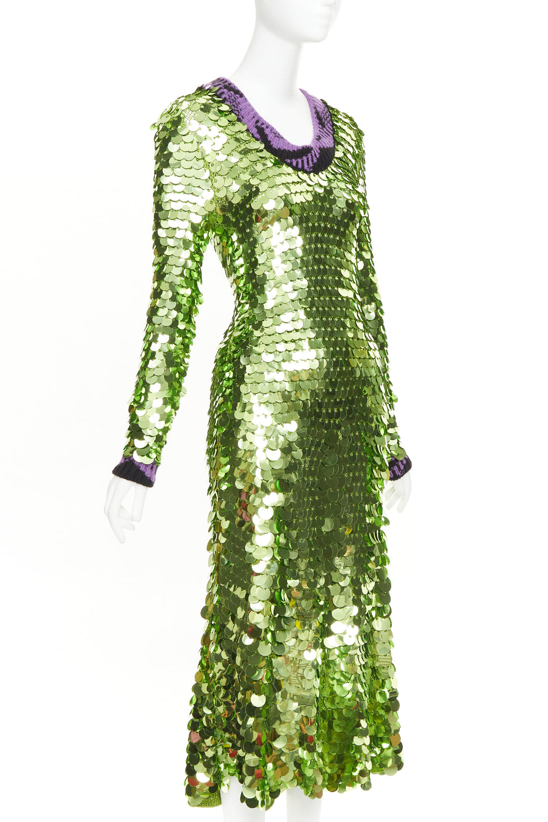 PRADA 2021 Runway green sequin paillettes purple jacquard trim dress IT38 XS