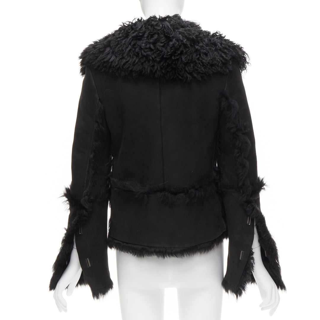GUCCI Tom Ford Vintage black shearling fur suede flared sleeve coat IT38 XS