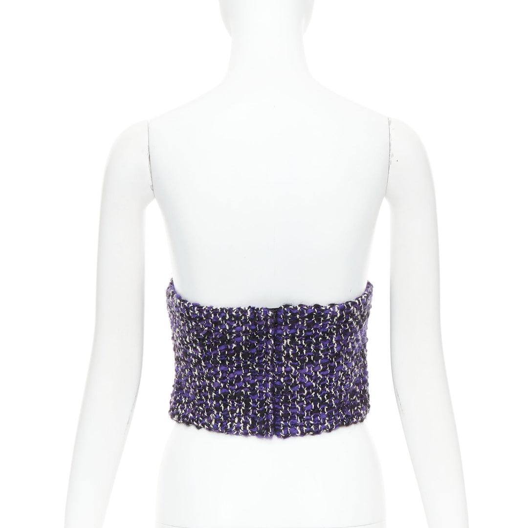 PRADA 2018 Runway purple wool tweed rubber badge strapless bustier tube IT40 S