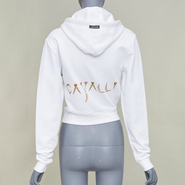 ROBERTO CAVALLI 2022 white cotton crystal embellish snake chain crop hoodie  XS