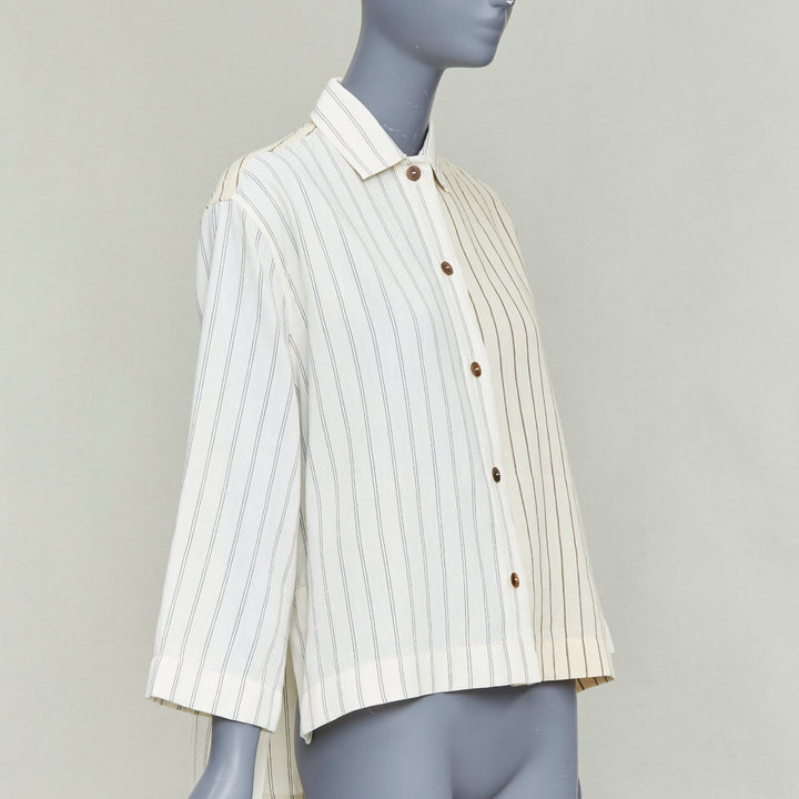 LOEWE JW ANDERSON cream cotton linen pinstripes boxy cropped shirt FR34 XS