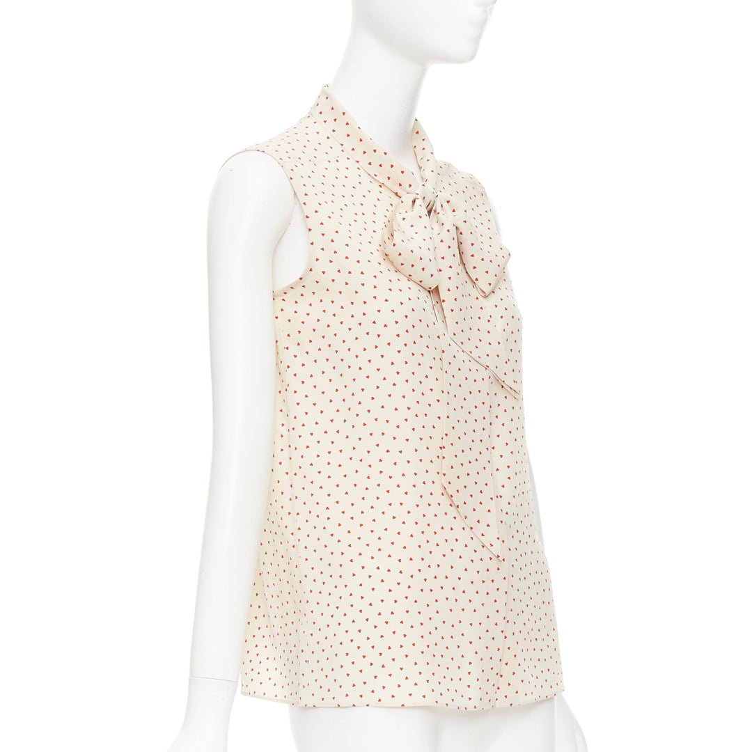 OLD CELINE Phoebe Philo cream red micro heart pussy bow neck tie blouse FR36 S