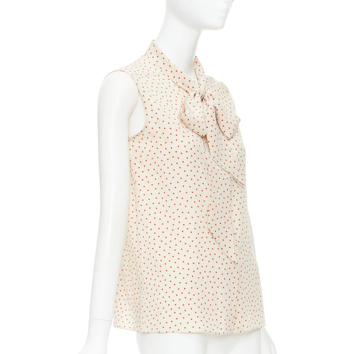 OLD CELINE Phoebe Philo cream red micro heart pussy bow neck tie blouse FR36 S
