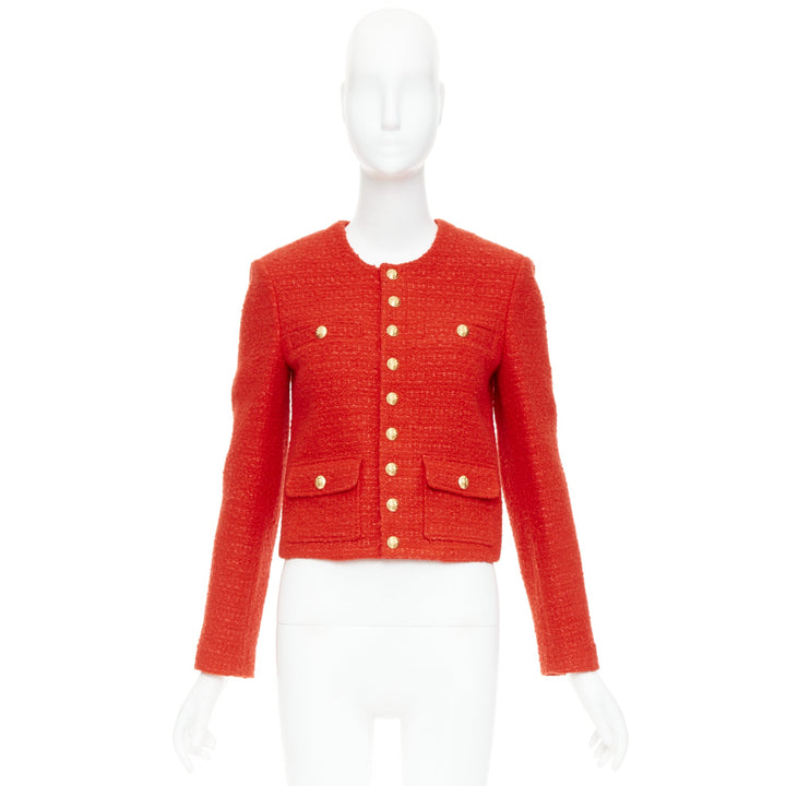CELINE Chasseur red wool linen tweed gold buttons cropped jacket FR34 XS