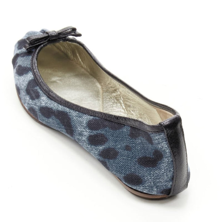 DOLCE GABBANA blue denim leopard leather bow ballerina flats EU36.5