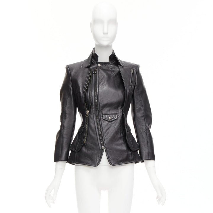 ALTUZARRA black nappa leather double collar deconstructed biker jacket FR34 XS