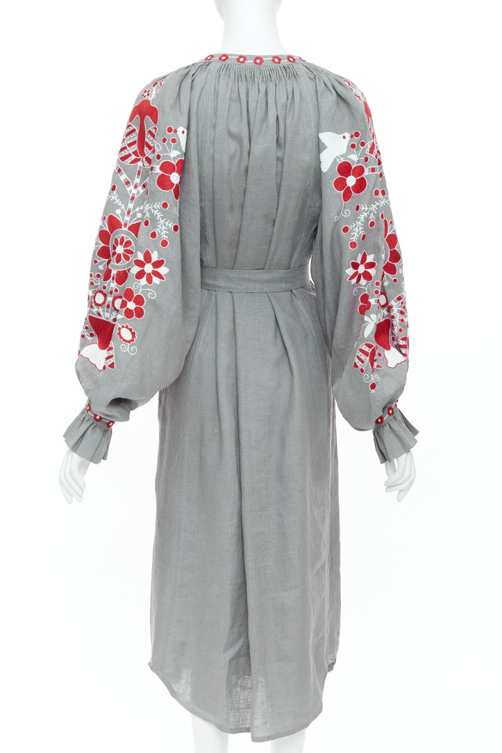 VITA KIN grey linen red folk floral embroidered boho peasant kaftan dress S/D