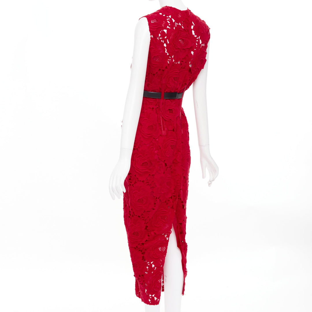 PRADA 2022 Runway red rose blooming guipure lace open back sheath dress IT40