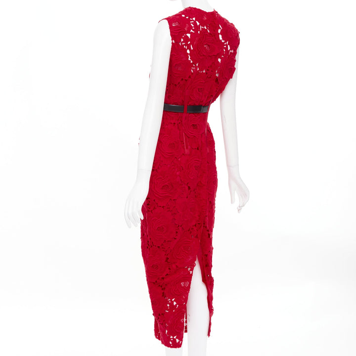 PRADA 2022 Runway red rose blooming guipure lace open back sheath dress IT40
