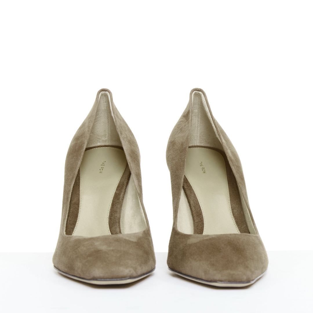 THE ROW Carla 80 dark taupe goatskin suede elongated square toes pumps EU38