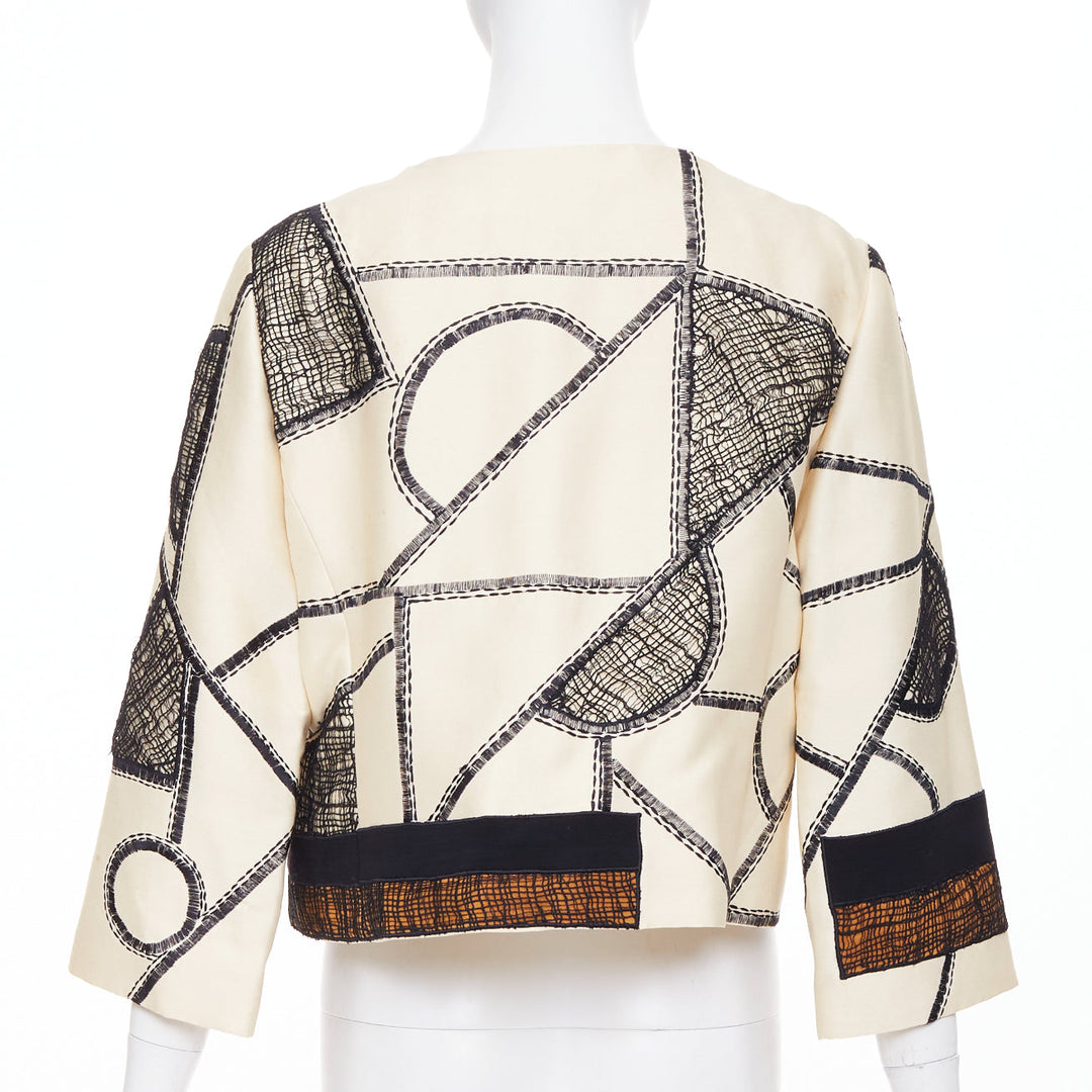 OSCAR DE LA RENTA 2012 beige black abstract mesh overlay cropped jacket US12 2XL