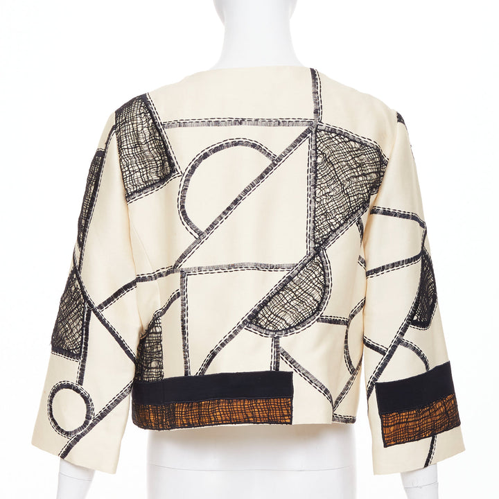 OSCAR DE LA RENTA 2012 beige black abstract mesh overlay cropped jacket US12 2XL