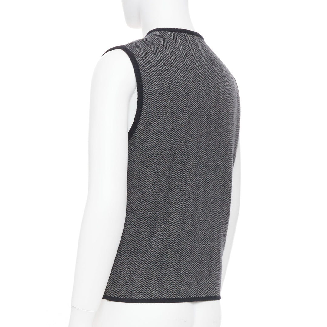 PRADA Vintage herringbone chevron contrast trim cashmere v-neck vest top IT48 M