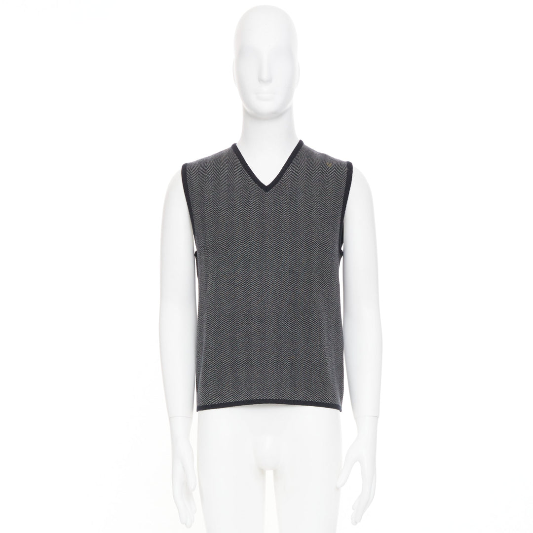 PRADA Vintage herringbone chevron contrast trim cashmere v-neck vest top IT48 M