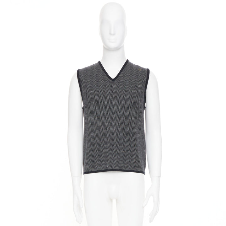 PRADA Vintage herringbone chevron contrast trim cashmere v-neck vest top IT48 M