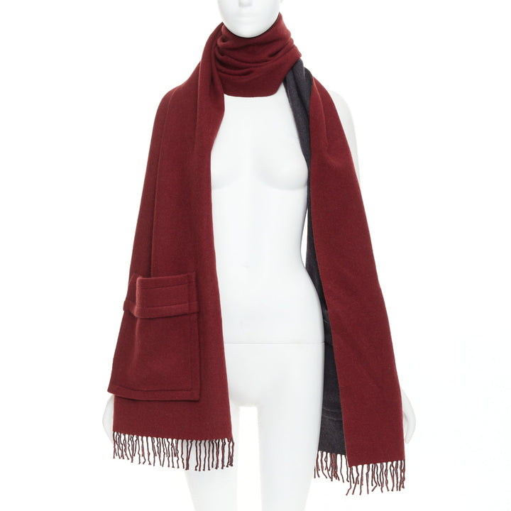 FENDI  100% cashmere burgundy grey bicolor pocket fringed long scarf