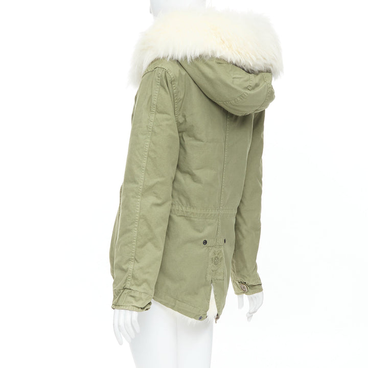 MR AND MRS ITALY  white fur lined hooded military green parka coat XXS