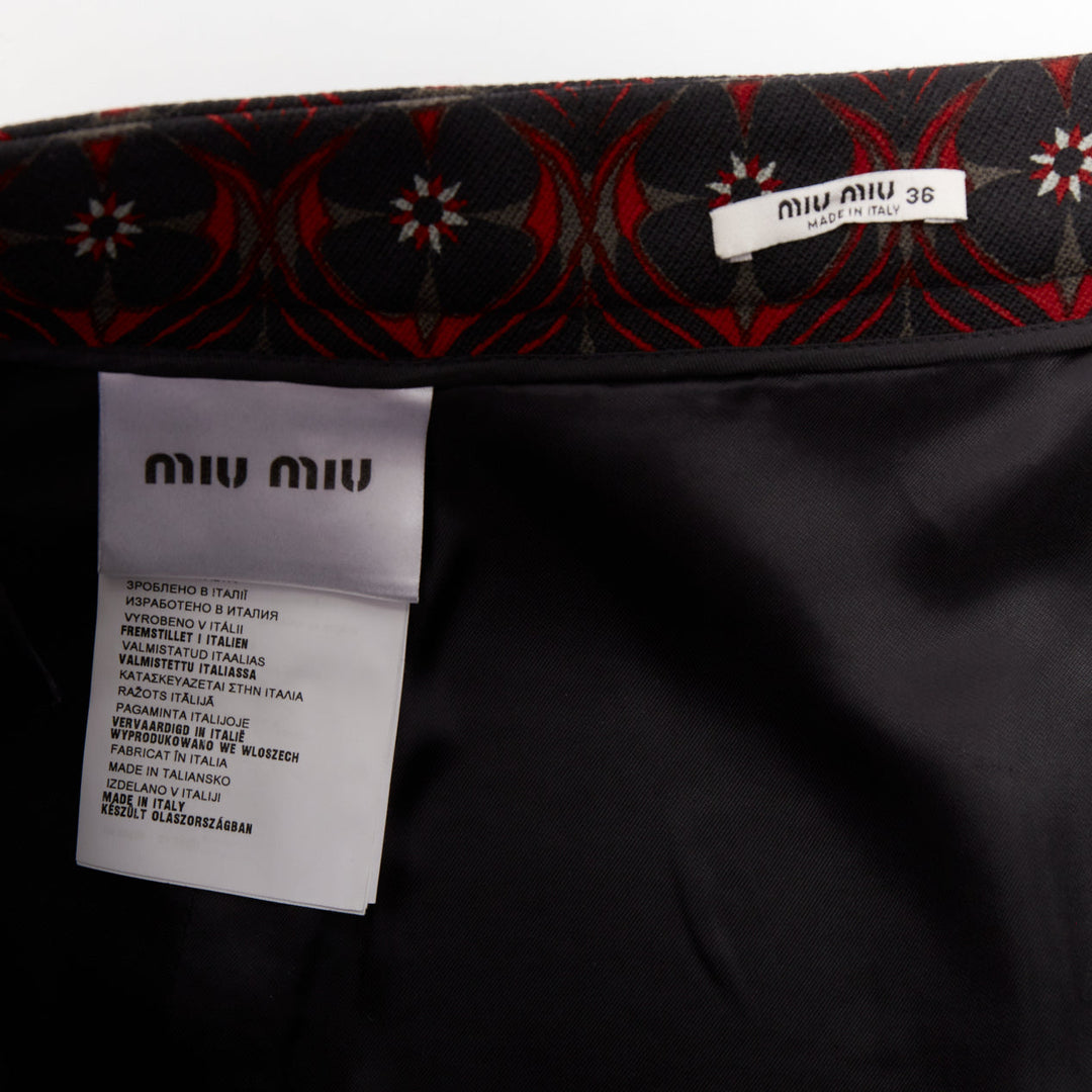 MIU MIU 2015 red khaki floral wool vintage print pocketed A-line skirt IT36 XXS