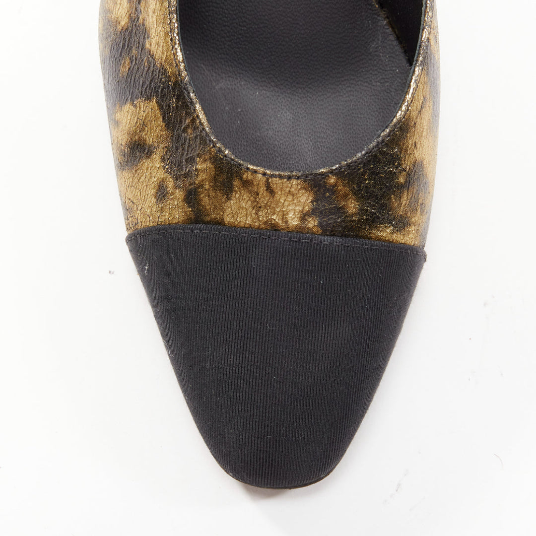 CHANEL gold black calfskinleather CC toe cap sling kitten pumps EU38