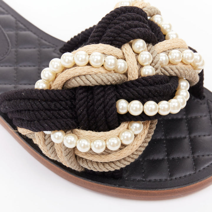 CHANEL 2017 Cuba black cream rope pearl twist slipper sandals EU38
