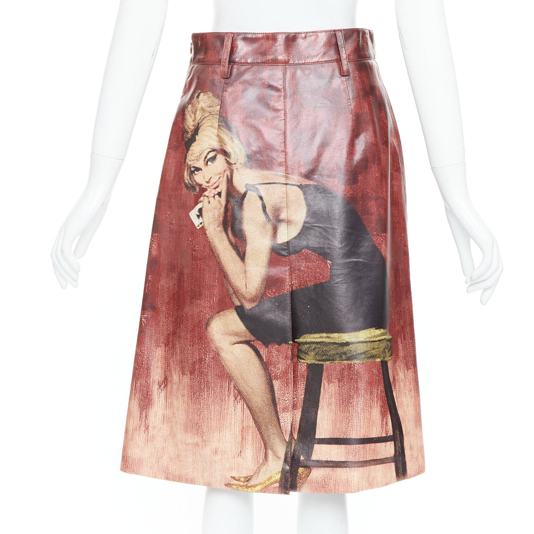 rare PRADA 2017 Runway burgundy coated cotton Poster Pin Up Girl skirt IT38 XS